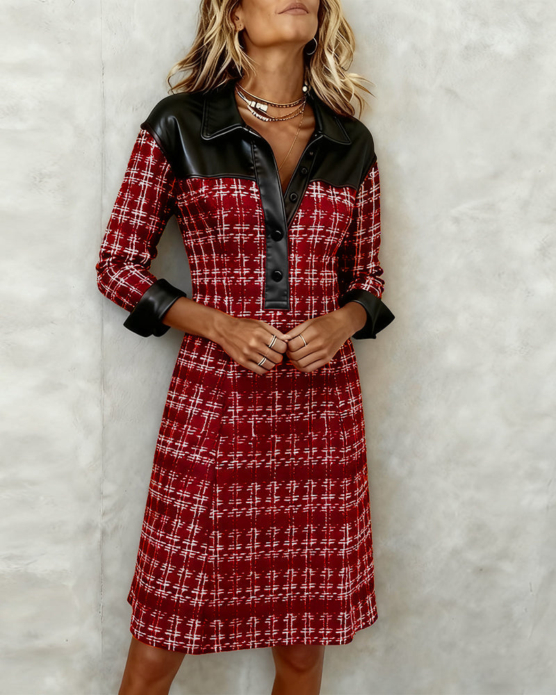 Aurelia | Long Sleeve Patchwork and Houndstooth Dress