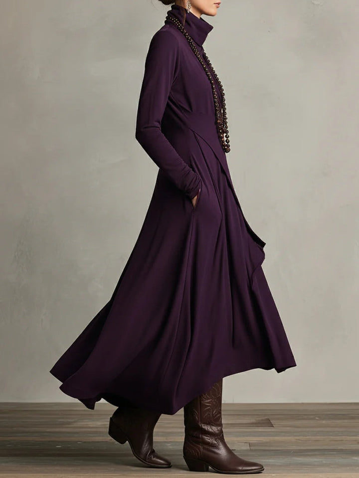 Nadine | Purple High-neck Asymmetrical Pleated Maxi Dress