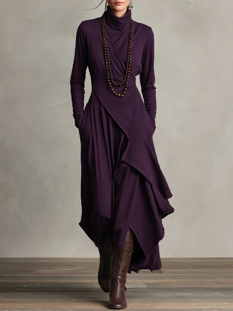 Nadine | Purple High-neck Asymmetrical Pleated Maxi Dress