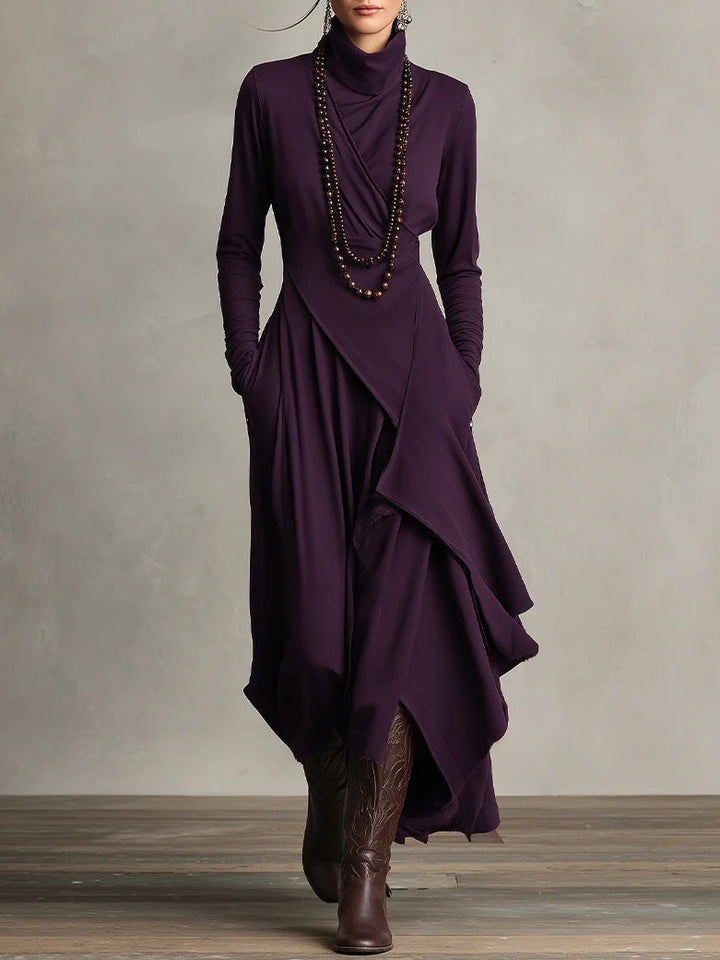 Nadine | Purple High-neck Asymmetrical Pleated Maxi Dress