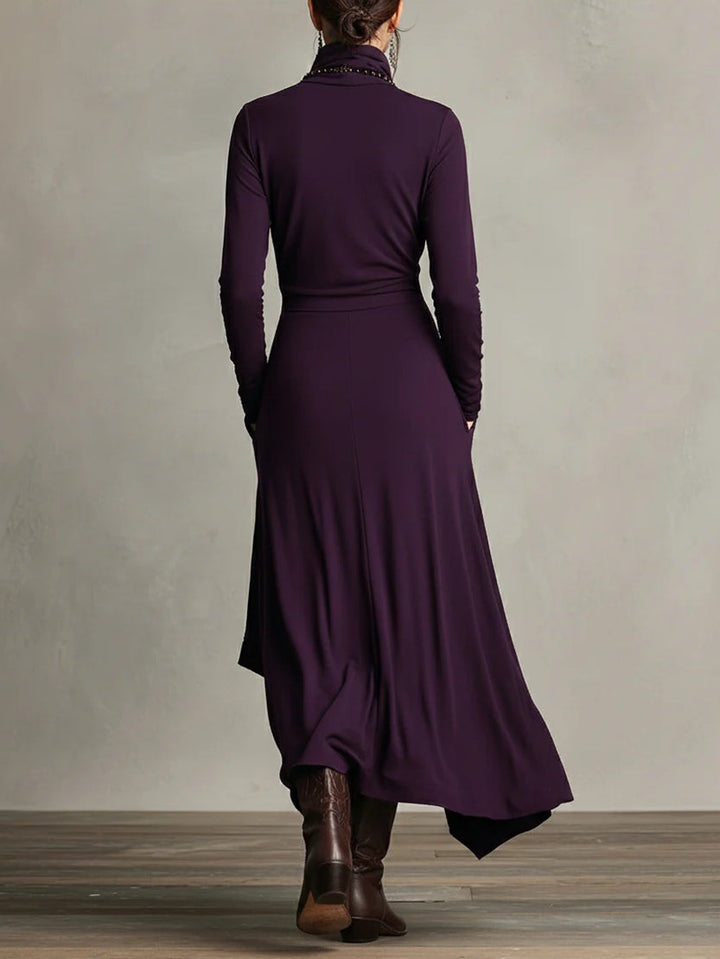 Nadine | Purple High-neck Asymmetrical Pleated Maxi Dress