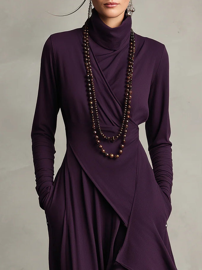 Nadine | Purple High-neck Asymmetrical Pleated Maxi Dress