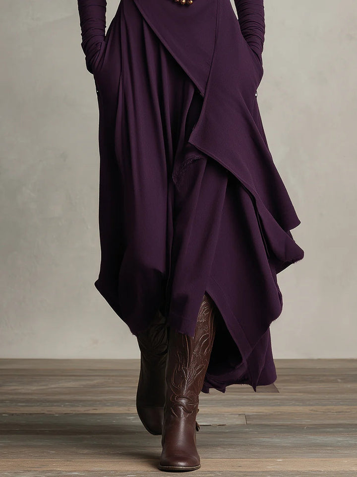 Nadine | Purple High-neck Asymmetrical Pleated Maxi Dress