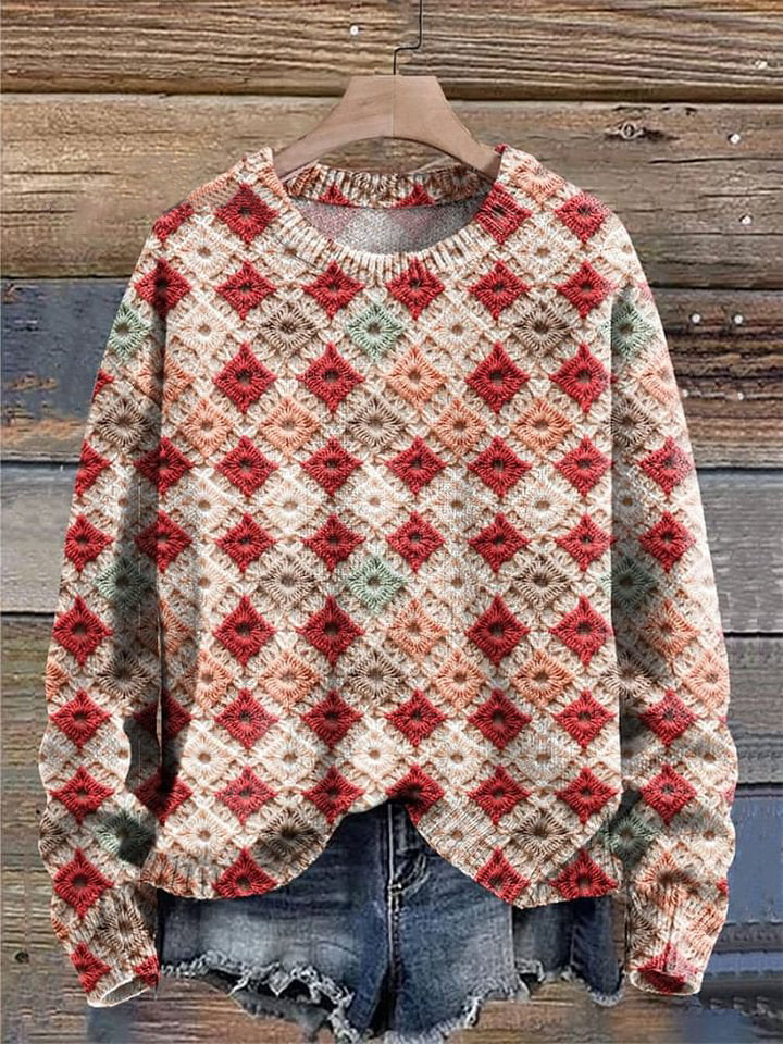Christmas Diamond Loop Pattern Print Knit Pullover Sweater