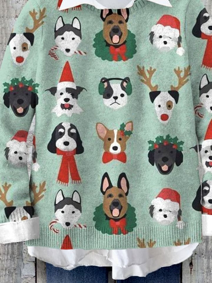 Cute Christmas Dog Lover Art Print Knit Pullover Sweater