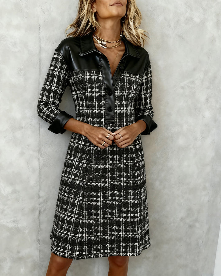 Aurelia | Long Sleeve Patchwork and Houndstooth Dress